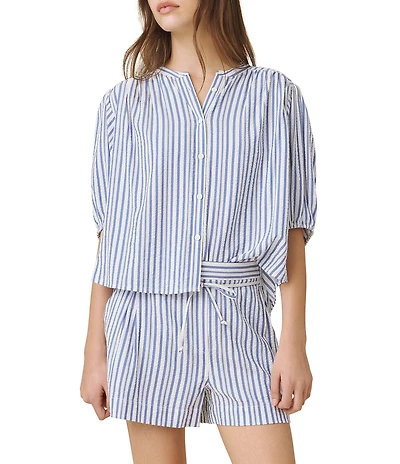 Splendid Madelyn Stripe Crew Neck Elbow Puff Sleeve Coordinating Blouse
