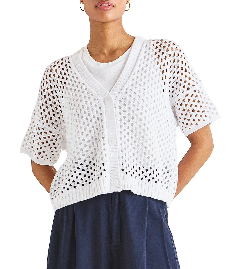 Splendid Nova Pointelle Knit V-Neck Short Sleeve Cardigan