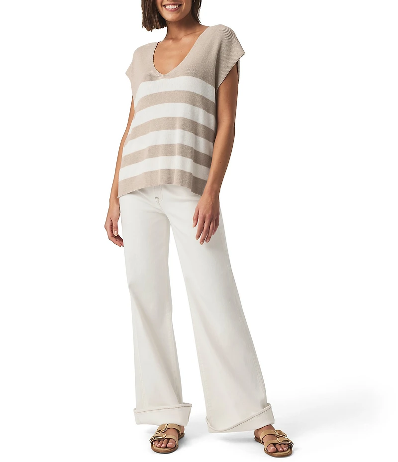 Splendid Octavia Knit Chest Stripe V-Neck Dropped Short Sleeve Box Top Sweater
