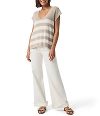Splendid Octavia Knit Chest Stripe V-Neck Dropped Short Sleeve Box Top Sweater