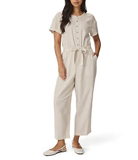 Splendid Rayanne Linen Blend Belted V-Neck Short Sleeve Cropped Jumpsuit