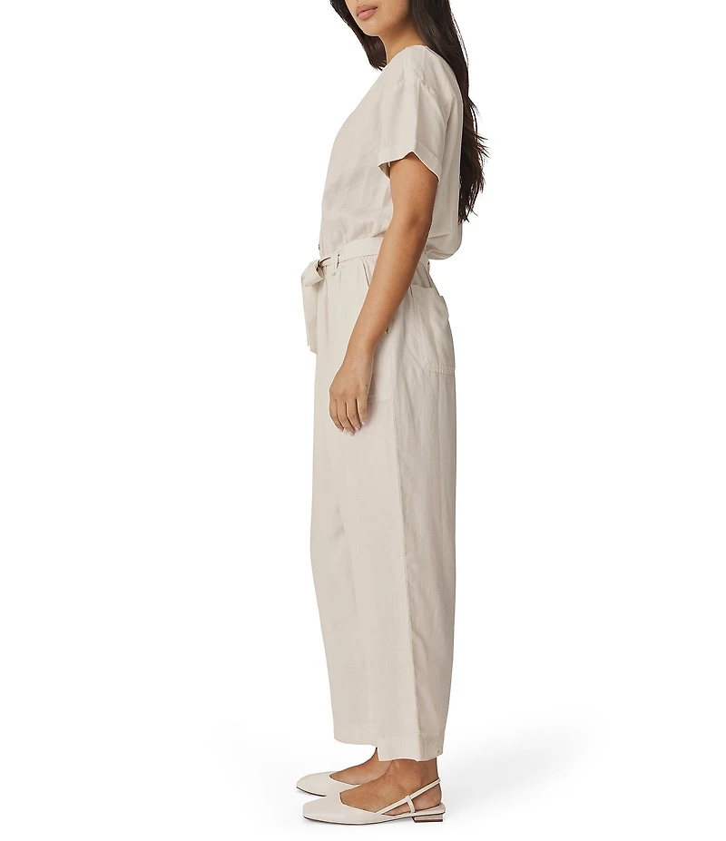 Splendid Rayanne Linen Blend Belted V-Neck Short Sleeve Cropped Jumpsuit
