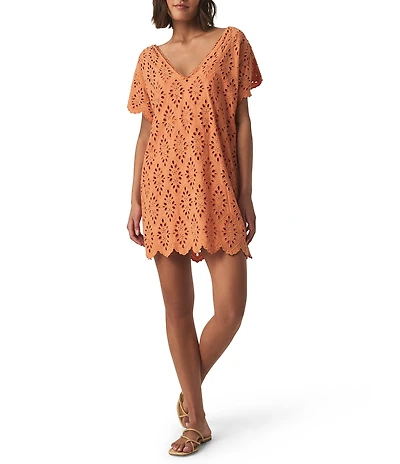 Splendid Sandro Eyelet V-Neck Short Sleeve A-Line Mini Dress