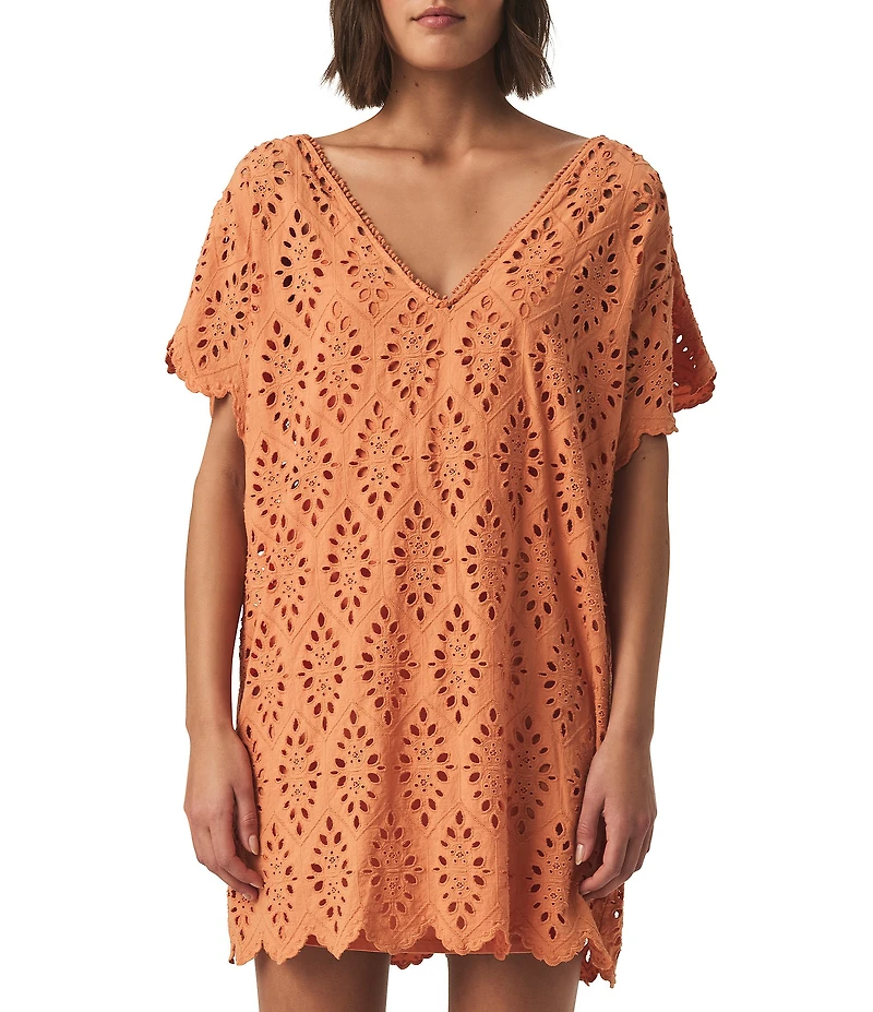 Splendid Sandro Eyelet V-Neck Short Sleeve A-Line Mini Dress