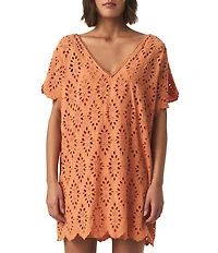 Splendid Sandro Eyelet V-Neck Short Sleeve A-Line Mini Dress