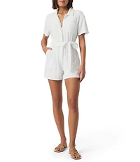 Splendid Taryn Knit Terry Collar Short Sleeve Button Front Romper