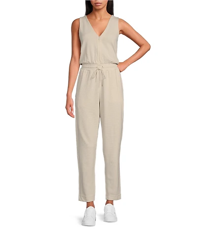 Splendid V-Neck Sleeveless Stretch Chambray Waffle Scuba Jumpsuit