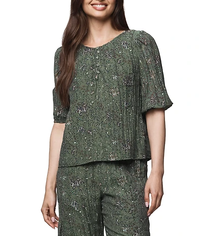 Splendid Versailles Coordinating Woven Floral Print Short Sleeve Henley Blouse
