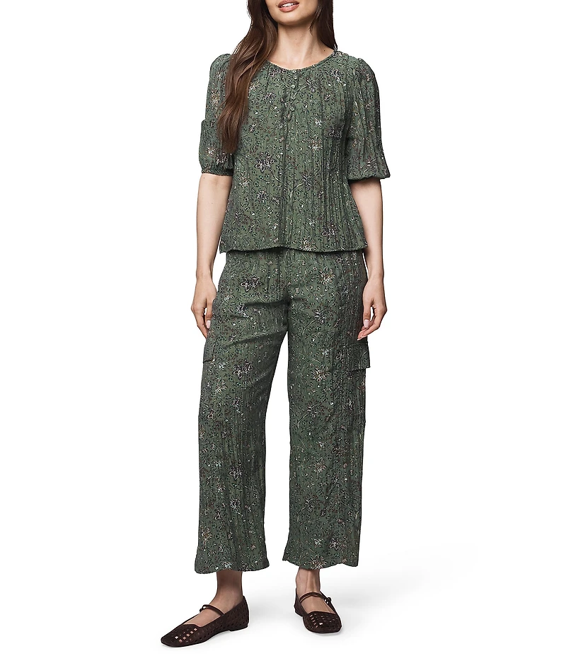 Splendid Versailles Coordinating Woven Floral Print Short Sleeve Henley Blouse