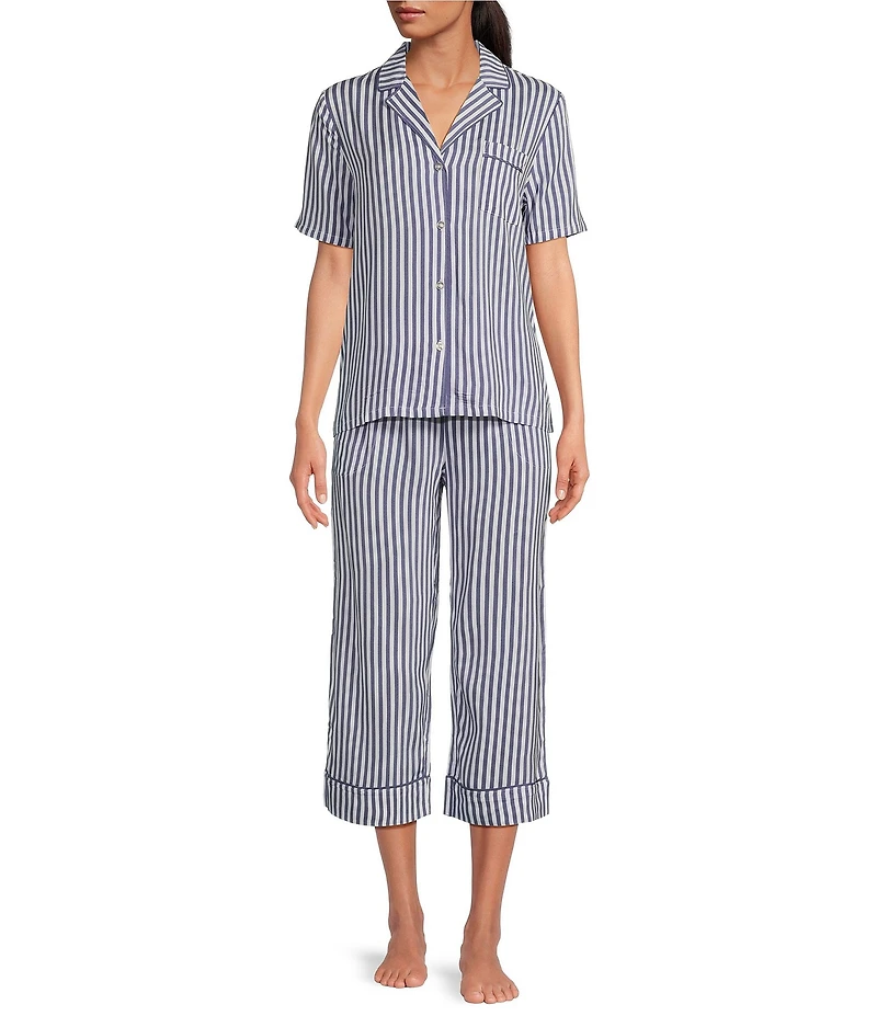 Splendid Woven Striped Short Sleeve Notch Collar Cropped Pajama Set