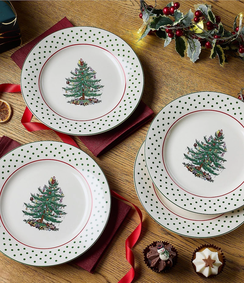 Spode Christmas Tree Polka Dot Dessert Plates, Set of 4