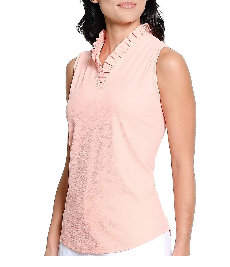 Sport Haley Hatteras Seersucker V-Neck Ruffle Collar Sleeveless Polo Top