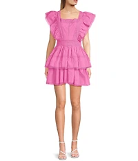 Lace Square Neck Short Flutter Sleeve Tiered Mini Dress