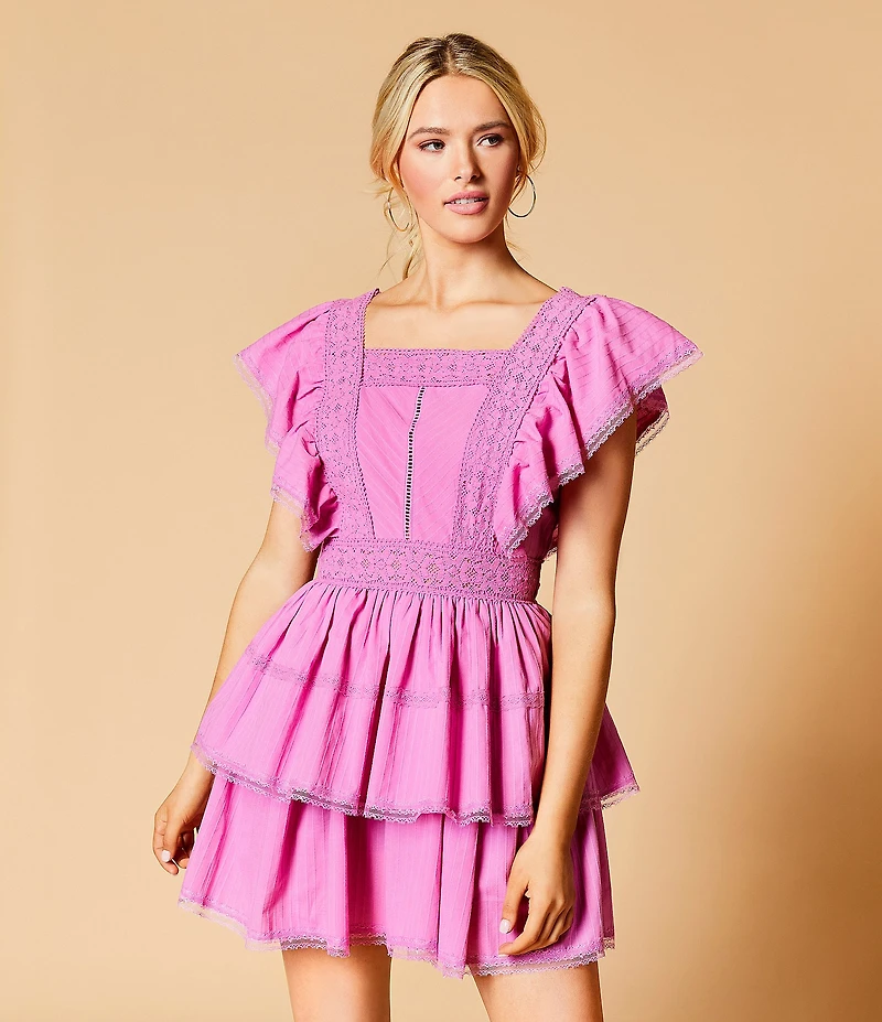 Lace Square Neck Short Flutter Sleeve Tiered Mini Dress
