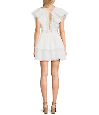 Lace Square Neck Short Flutter Sleeve Tiered Mini Dress