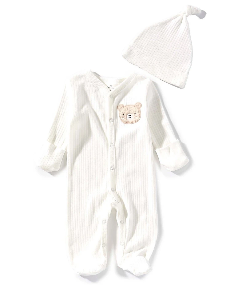 Starting Out Baby Boys Long-Sleeve Fold-Over Cuffs Bear Applique Footie Coverall