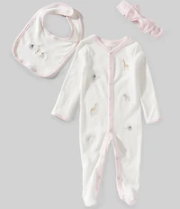 Starting Out Baby Girls Long Sleeve Cotton Round Neck Embroidered Animals Footed Coverall Set