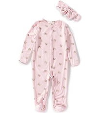 Starting Out Baby Girls Long Sleeve Footie Bear Coverall & Bow 2-Piece Set