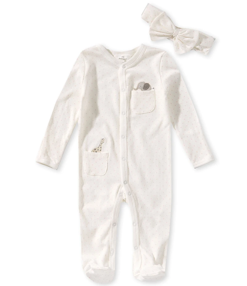 Starting Out Baby Girls Long Sleeve Zoo Animals Embroidery Polka Dot Print Footed Coverall & Headband Set