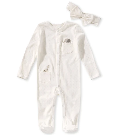 Starting Out Baby Girls Long Sleeve Zoo Animals Embroidery Polka Dot Print Footed Coverall & Headband Set