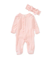 Starting Out Baby Girls Long Sleeve Ruffle Footie Coverall & Matching Bow Headband Set
