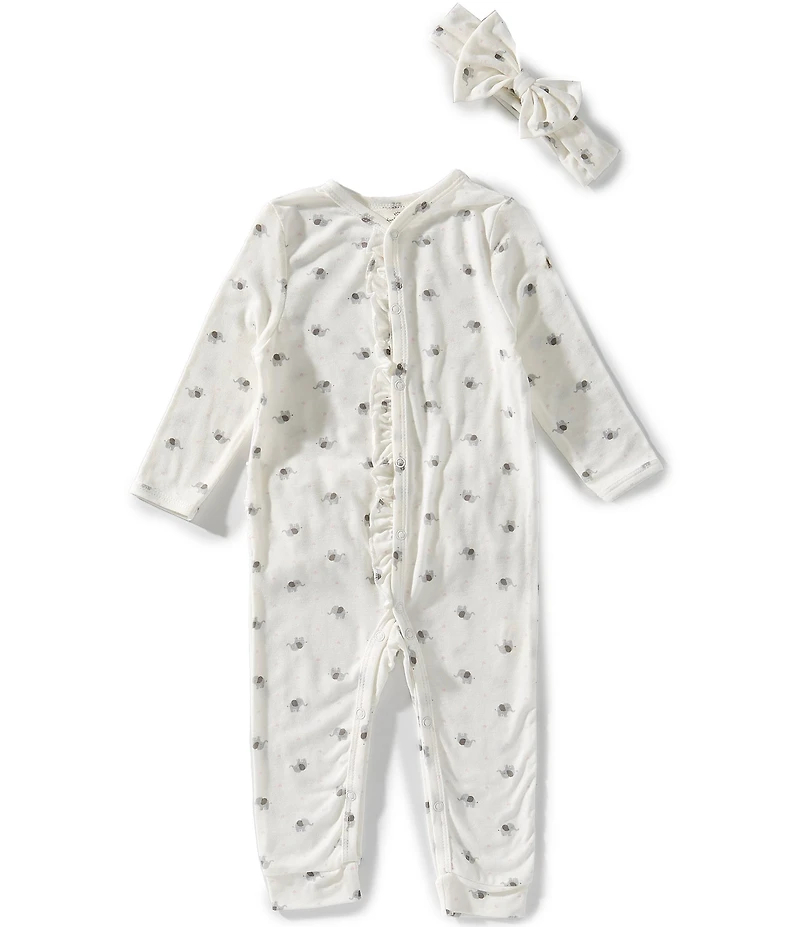 Starting Out Baby Girls Long Sleeve Ruffle Detail Elephant Print Coverall and Headband Set