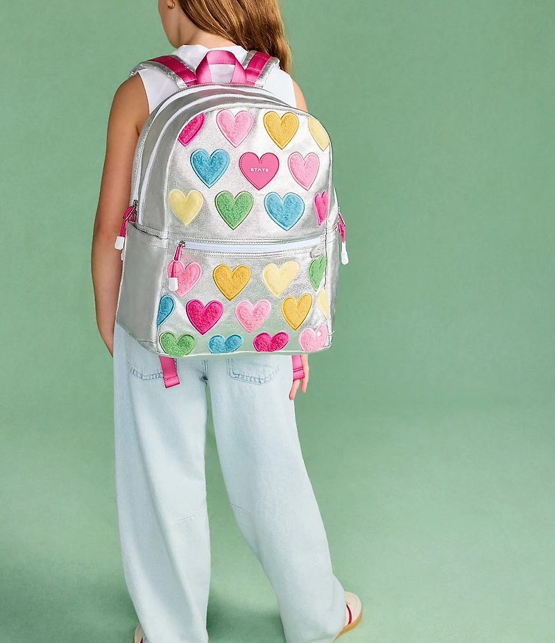 STATE Bags Kane Double Pocket Happy Fuzzy Hearts Metallic Backpack