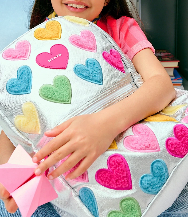STATE Bags Kane Double Pocket Happy Fuzzy Hearts Metallic Backpack