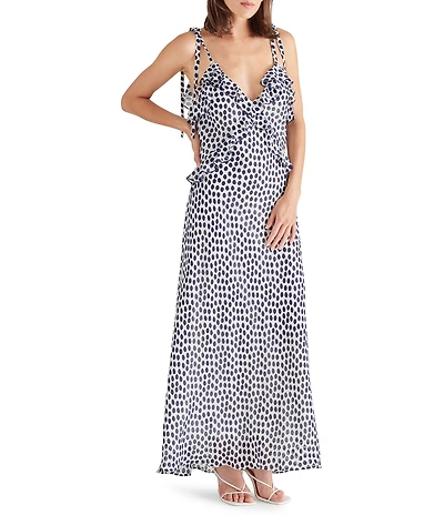 Steve Madden Adalina Dotted Print V-Neck Sleeveless Tie Strap Ruffle Maxi Dress