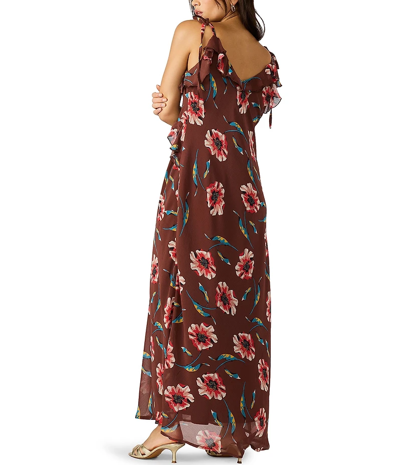 Steve Madden Adalina Floral Print Textured Chiffon V-Neck Ruffle Maxi Dress