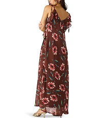 Steve Madden Adalina Floral Print Textured Chiffon V-Neck Ruffle Maxi Dress