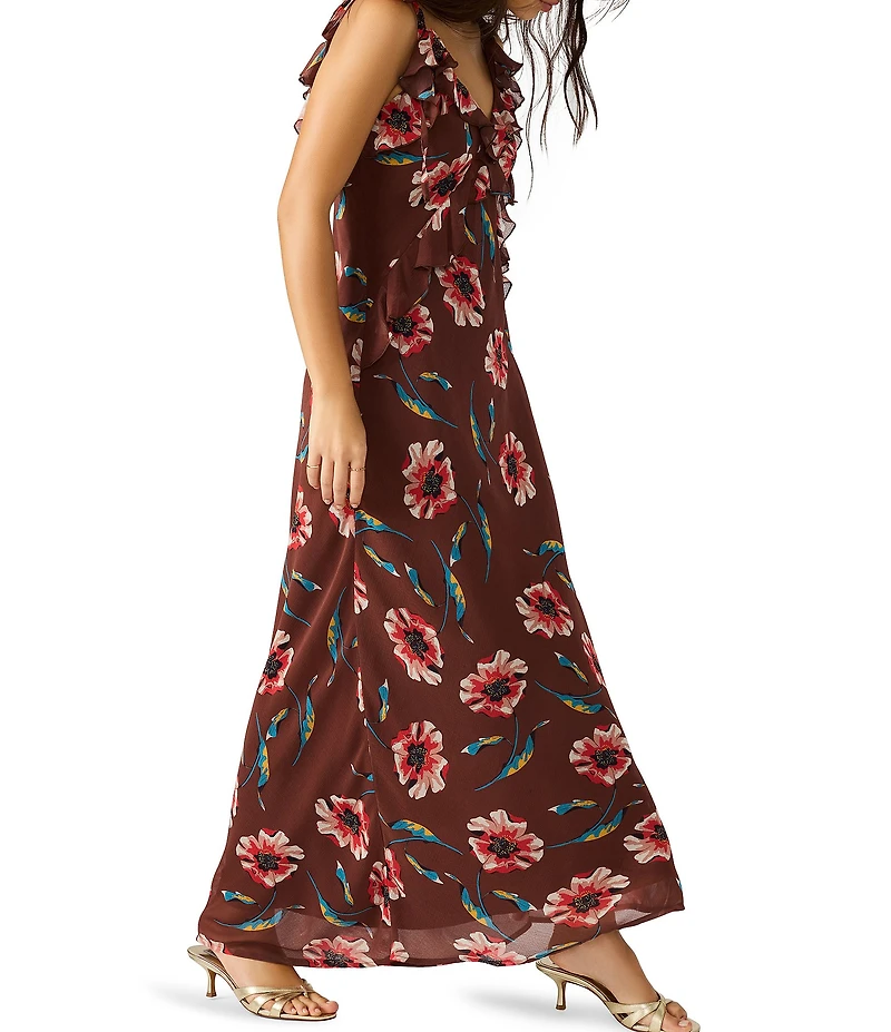Steve Madden Adalina Floral Print Textured Chiffon V-Neck Ruffle Maxi Dress
