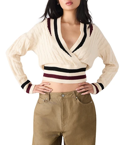 Steve Madden Addison V-Neck Long Sleeve Varsity Cable Sweater Top