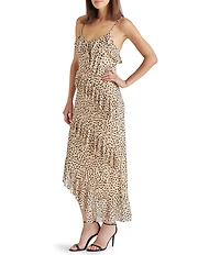 Steve Madden Aida Dotted Print V-Neck Sleeveles Ruffle Mesh Midi Dress