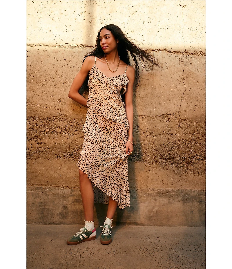 Steve Madden Aida Dotted Print V-Neck Sleeveles Ruffle Mesh Midi Dress