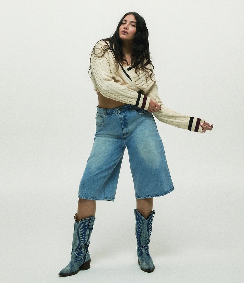 Steve Madden Albany Denim Western Block Heel Mid Calf Boots