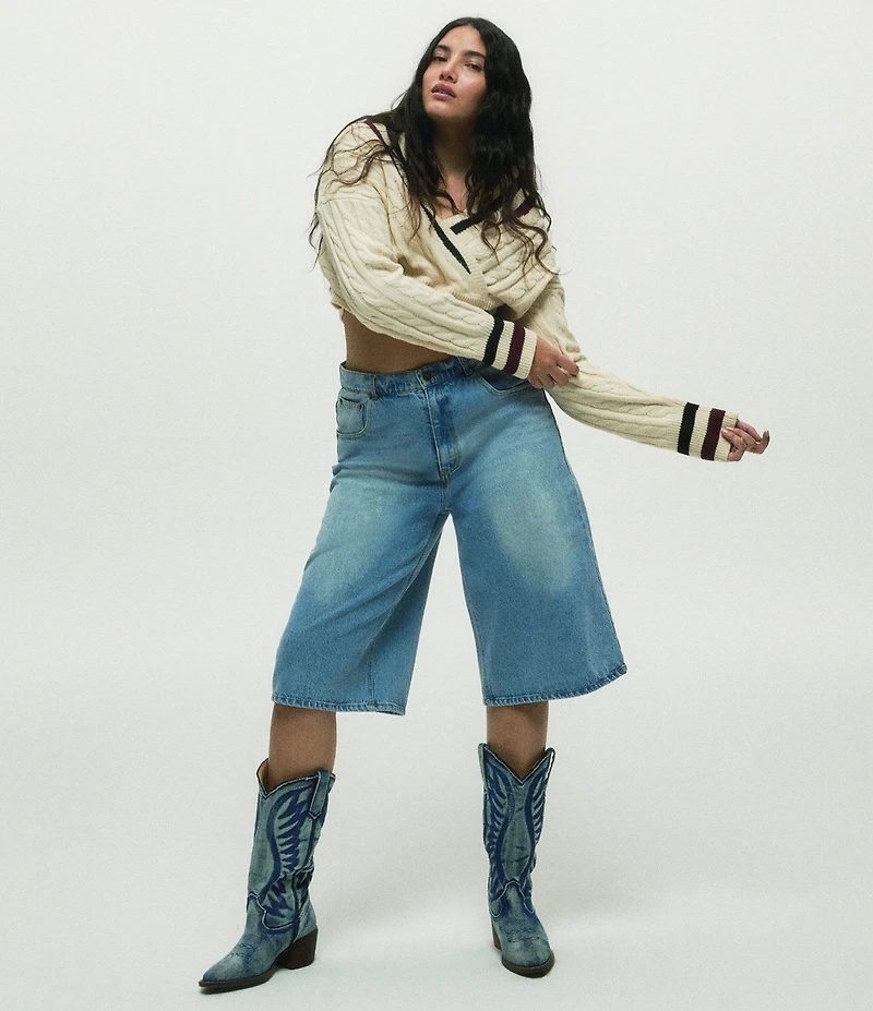 Steve Madden Albany Denim Western Block Heel Mid Calf Boots