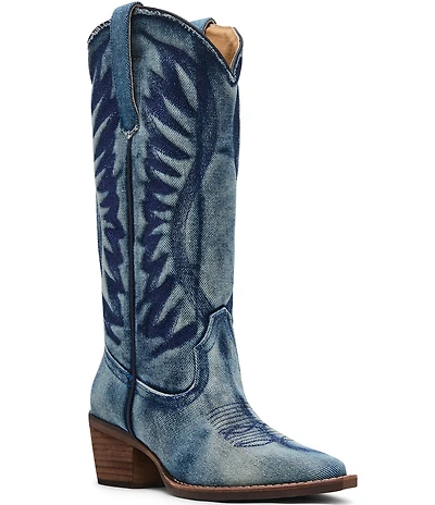 Steve Madden Albany Denim Western Block Heel Mid Calf Boots