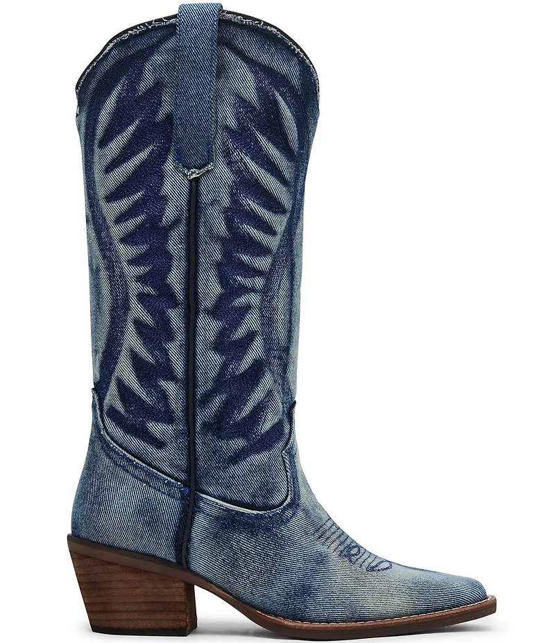 Steve Madden Albany Denim Western Block Heel Mid Calf Boots