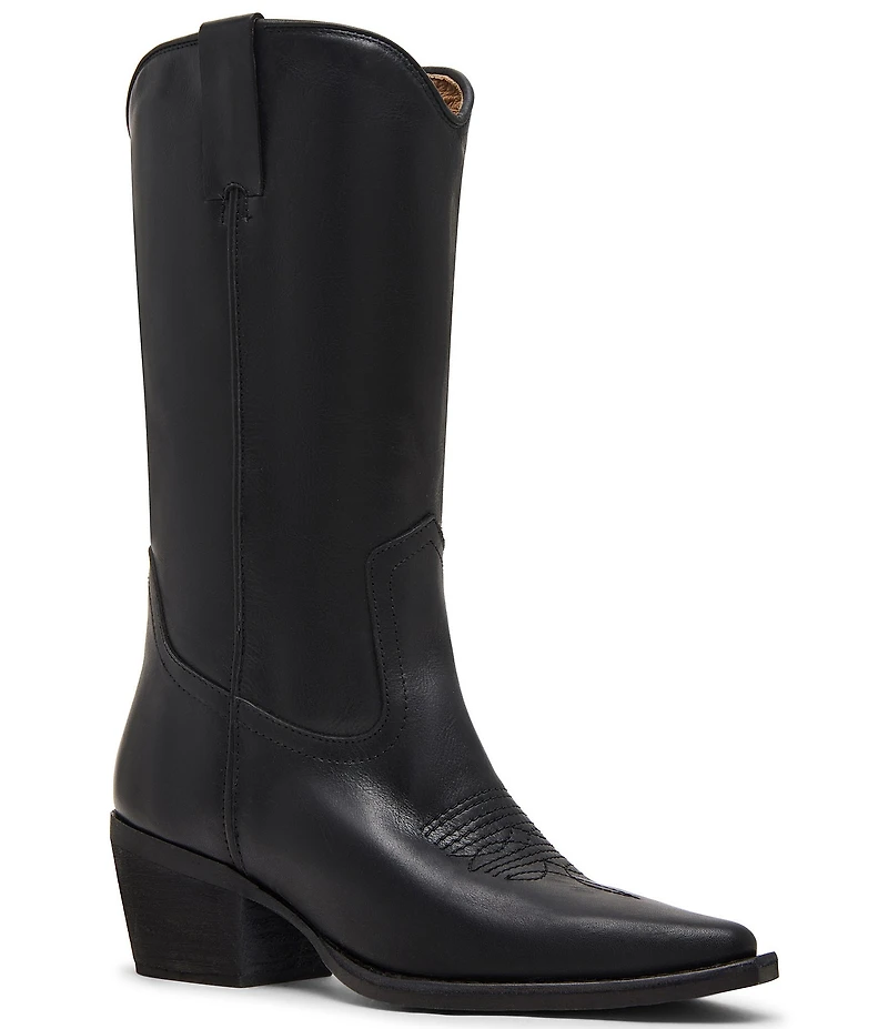 Steve Madden Albany Leather Western Block Heel Mid Calf Boots