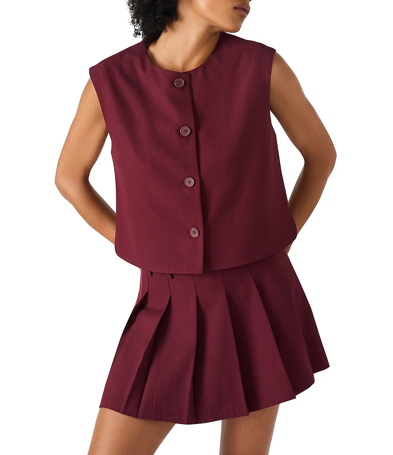 Steve Madden Alessa Coordinating Crewneck Sleeveless Button Front Vest-Style Top