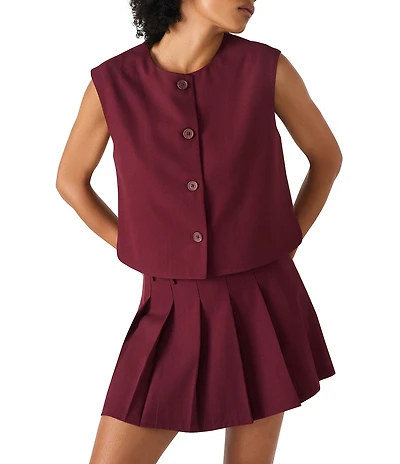 Steve Madden Alessa Coordinating Crewneck Sleeveless Button Front Vest-Style Top