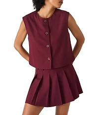 Steve Madden Alessa Coordinating Crewneck Sleeveless Button Front Vest-Style Top