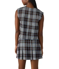 Steve Madden Alessa Plaid Print Crew Neck Sleeveless Button Front Coordinating Top