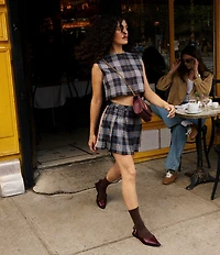 Steve Madden Alessa Plaid Print Crew Neck Sleeveless Button Front Coordinating Top