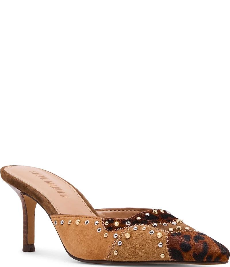 Steve Madden Alexi Studded Suede Leopard Haircalf Patchwork Mules