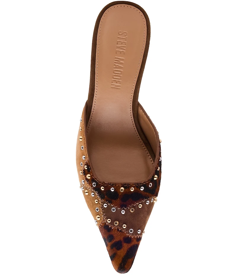 Steve Madden Alexi Studded Suede Leopard Haircalf Patchwork Mules