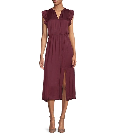 Steve Madden Allegra Split V Neck Ruffle Sleeveless Midi Dress