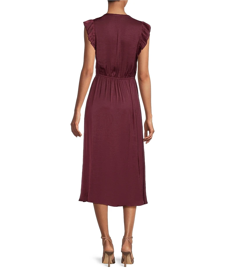 Steve Madden Allegra Split V Neck Ruffle Sleeveless Midi Dress