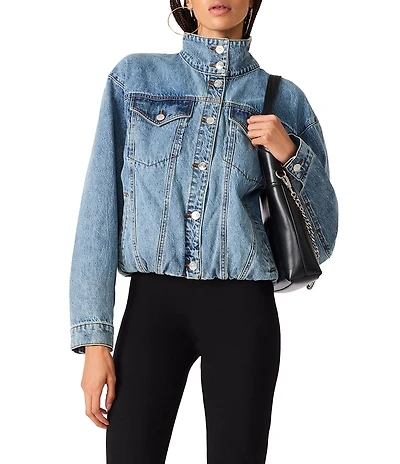 Steve Madden Allyson Funnel Neck Long Sleeve Bubble Hem Denim Jacket